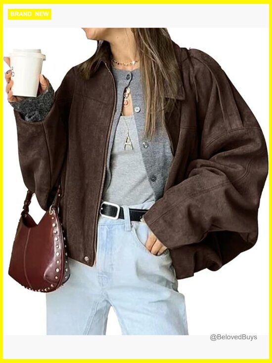 Jackets & Blazers - Faux Suede Bomber Jacket Zipper Pilot Coat Oversized Long Sleeves Y2K